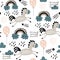 Seamless childish pattern with cute horses in the sky, rainbow. Creative kids texture for fabric, wrapping, textile, wallpaper,