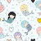 Seamless childish pattern with cute mermaids colorful summer design theme. Undersea vector trendy texture.Perfect for fabric,