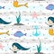 Seamless childish pattern with cute mermaids colorful summer design theme. Undersea vector trendy texture.Perfect for fabric,