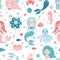 Seamless childish pattern with cute mermaids and marine animals