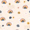 Seamless childish pattern with cute rainbow snail and flowers . Vector kids texture