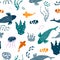 Seamless childish pattern with cute undersea inhabitants. Kids hand drawn texture