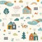 Seamless childish pattern with cute village. Cartoon farm landscape with country houses. Scandinavian style kids texture for fabri