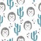 Seamless childish pattern with cute watercolor hedgehog and cactus