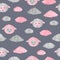 Seamless childish pattern with cute watercolor sheep and clouds