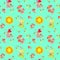 Seamless childish pattern with fabulous snail, sun, fly agaric mushrooms on a blue background.