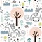 Seamless childish pattern with fairy unicorn, hedgehog in the wood. Creative kids city texture for fabric, wrapping, textile,