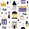 Seamless childish pattern with hand drawn houses. Creative kids city texture for fabric, wrapping, textile, wallpaper, apparel.