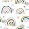Seamless childish pattern with hand drawn rainbows and hearts, .Creative scandinavian kids texture for fabric, wrapping, textile,