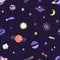 Seamless childish pattern with planet, star and comet in space. Cosmos background with celestial objects. Endless