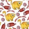 Seamless childish pattern red watercolor cat and sausage.