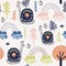 Seamless childish pattern with snails, and rainbows. Creative kids city texture for fabric, wrapping, textile, wallpaper, apparel