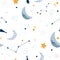 Seamless childish pattern with starry sky, moon. Creative kids texture for fabric, wrapping, textile, wallpaper, apparel. Vector