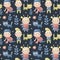 Seamless children cute pattern made with cats, kids, toys, flowers, babies