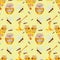 Seamless children`s pattern with bees, a jar of honey, a wooden spoon, honeycomb heart on a beige cream background