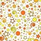 Seamless children`s pattern of orange and yellow dots, stars, curls and circles, on a white background, vector