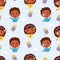 Seamless childrens pattern. Cute playful dark-skinned boy and girl on light blue background with clouds and gifts