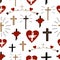 Seamless christian colorful pattern with crosses and hearts.