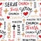 Seamless christian colorful pattern with hand lettering words Faith, Church, Ministry, Serve.