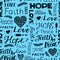 Seamless christian pattern with hand lettering words Faith, Hope, Love, Peace and hearts