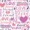 Seamless christian pattern with hand lettering words Love, Heart, Loved and blessed