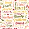 Seamless christian pattern with hand lettering words Trust, Hope, Love, Faith, Blessed, Thankful.