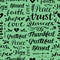 Seamless christian pattern with hand lettering words Trust, Hope, Love, Faith, Blessed, Thankful.