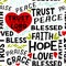 Seamless christian pattern with hand lettering words Trust in the Lord, Hope, Love, Faith, Blessed and with heart