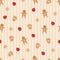 Seamless Christmas background with yellow stripes, gingerbread man and red fruits, brown mittens and snowflakes