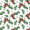 Seamless christmas holly berries pattern. Watercolor background with green leaves, red berry for new year and winter holidays