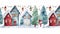 Seamless Christmas image. Houses and snowmen. Watercolor style. AI generated.