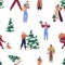 Seamless Christmas lifestyle pattern with happy people, fir trees, shopping bags, Xmas gifts. Winter holiday background