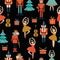 Seamless Christmas  pattern with ballerinas and nutcrackers  on dark  background.