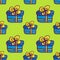 Seamless Christmas pattern of boxes with gifts. Colorful elements are drawn by hand markers.Blue box with an orange ribbon.White