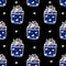 Seamless Christmas pattern of boxes with gifts. Colorful elements are drawn by hand markers. Blue gift with a bow on a black