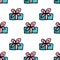 Seamless Christmas pattern of boxes with gifts. Colorful elements are drawn by hand markers. blue gift with a pink ribbon and bow