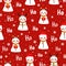 Seamless christmas pattern with cute snowman in diferent poses and ho ho lettering on red background