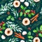 Seamless Christmas pattern with flowers,wooden slices,leaves,branches,cotton flowers