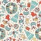 Seamless christmas pattern with hand drawn penguin with present, christmas tree and objects. Doodles in simple graphic style.