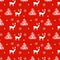 Seamless Christmas pattern hand drawn realistic reindeers, fir trees, snowflakes, white silhouette on red background