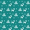 Seamless Christmas pattern hand drawn realistic reindeers, fir trees, snowflakes, white silhouette on turquoise background