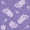 Seamless christmas pattern on light lilac background. Paisley-shaped snow whirls and mandala-shaped snowflakes