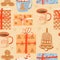 Seamless Christmas pattern with mugs of cacao with marshmallow, gifts, ginger cookie and lollipop.