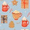 Seamless Christmas pattern with mugs of cacao with whipped cream, gifts, ginger cookie, lollipop and pinecone.