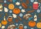 Seamless Christmas pattern with a plaid, cup, pumpkin, cookies, spices, etc