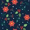 Seamless Christmas pattern with Poinsettia, holly berries and leaves on dark blue background.