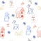 Seamless Christmas pattern with red house, snow man, deer and cute hare. Outline
