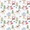 Seamless Christmas pattern with reindeer Rudolph, Santa Claus, cute raccoons and polar bears in fairy winter forest.