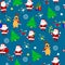 Seamless Christmas pattern Santa Claus and deer in different poses, forest firs, snowflakes, gifts, stars on a green background.