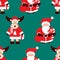 Seamless Christmas pattern with Santa Claus and deer, sugar cane and presents bag